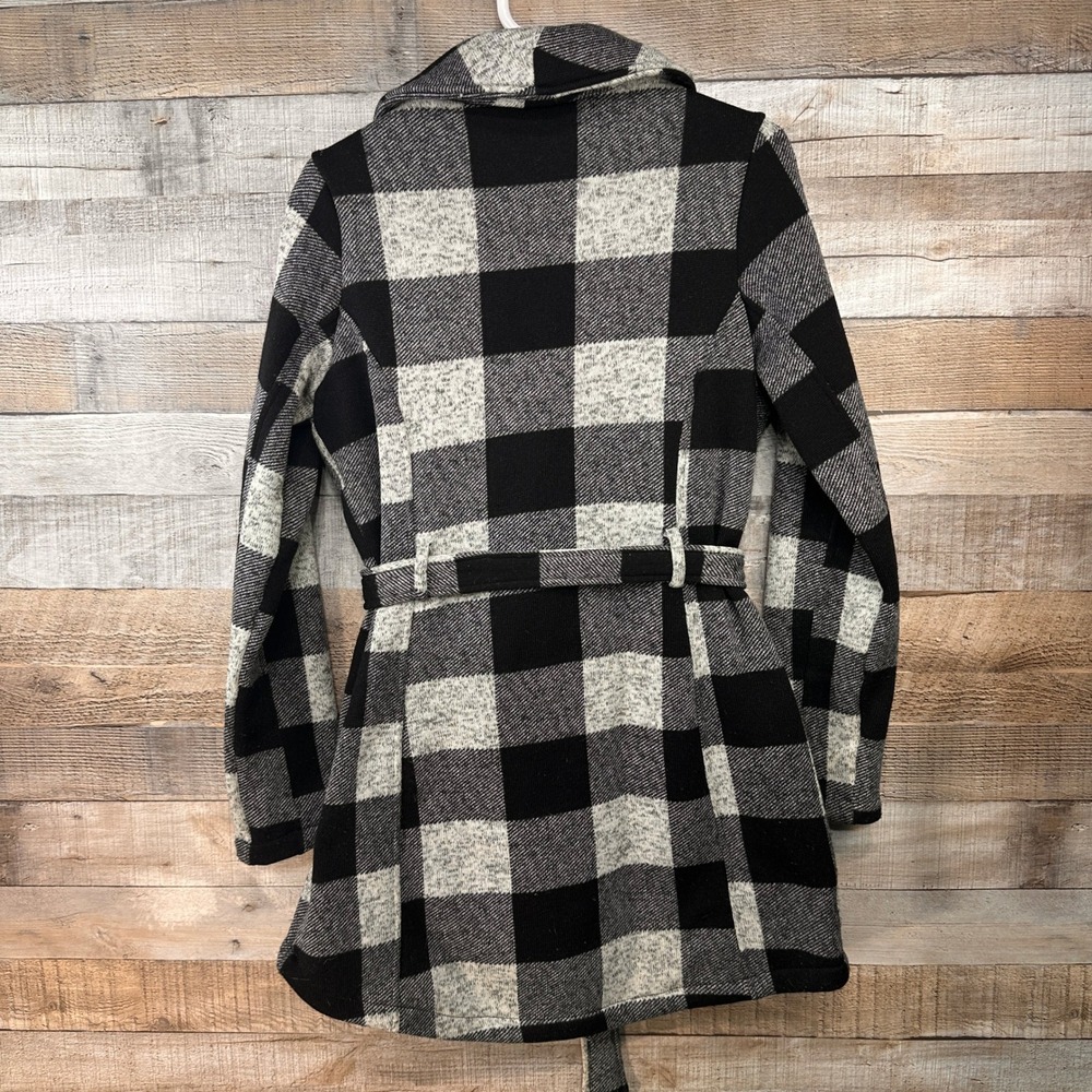 Steve Madden Womens Black White Buffalo Check Wrap Coat Belted Zip Size M